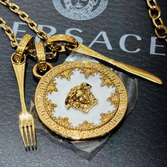 Versace Medusa Gold Miniature Plate Greca Engraved Pendant Necklace NWT $675 - Picture 10 of 14
